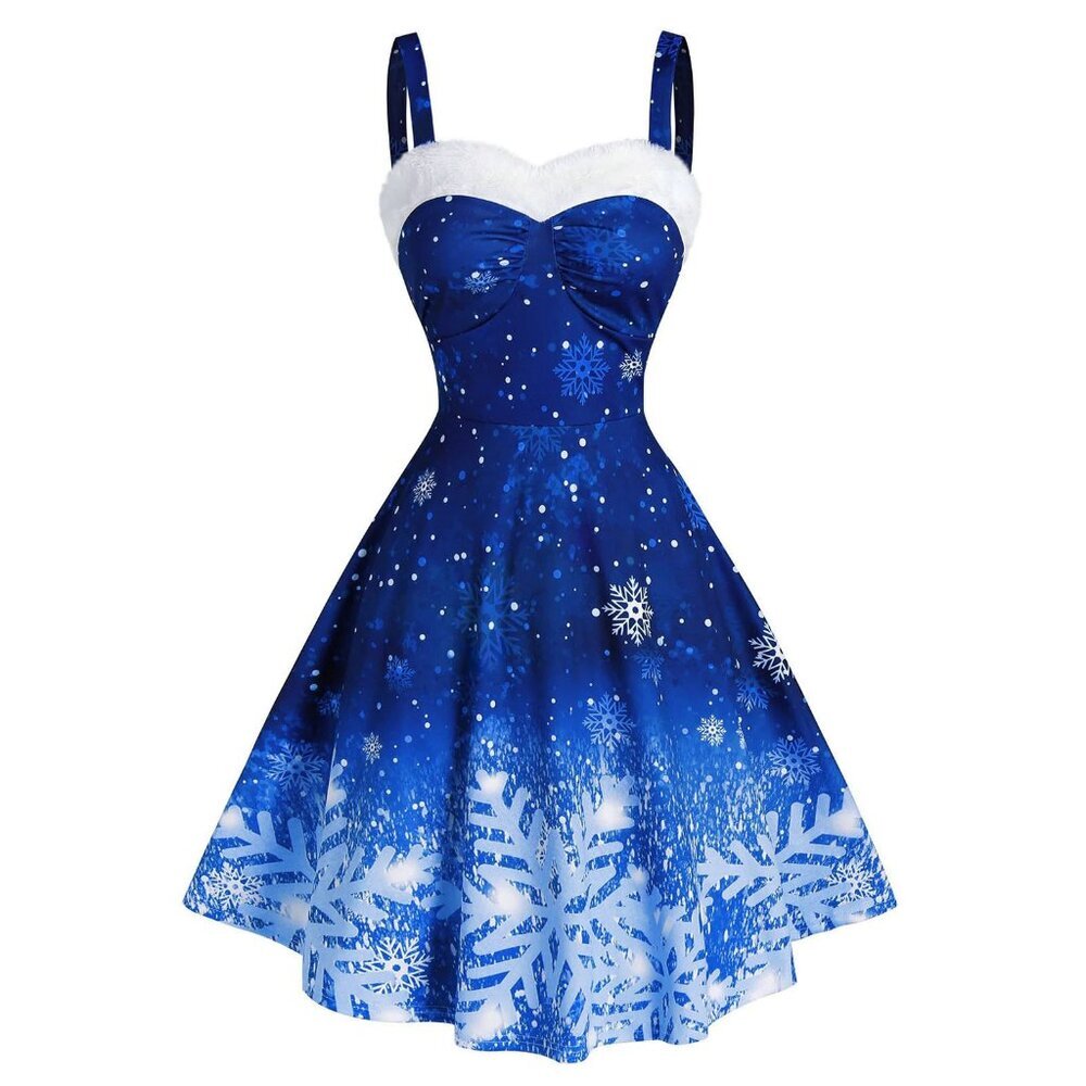 👉 Women Vintage Ombre Snowflake Print Off Shoulder Party Christmas Dress